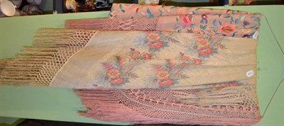 Lot 131 - A Chinese pale pink embroidered silk shawl, and a printed silk shawl (2)