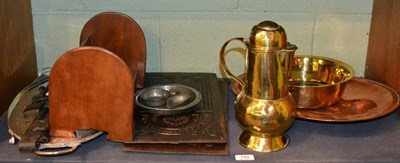 Lot 149 - Brass dish, copper meat dish, mahogany book trough, plated tray, two oak panels, pewter etc