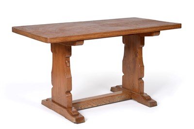 Lot 640 - A Robert  "Mouseman " Thompson Oak 4 1/2ft Dowelled Top Rectangular Refectory Table, on two...