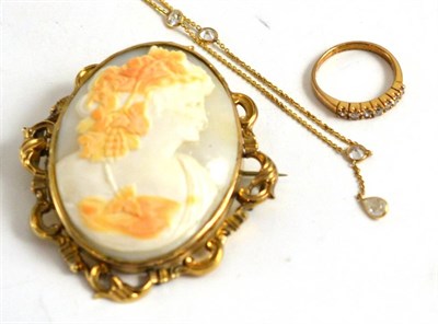 Lot 162 - A cameo brooch, a cubic zirconia set anklet stamped '14K', loose stones and a half hoop ring