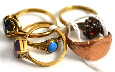 Lot 170 - Five rings including a 9ct gold signet ring, a turquoise ring, a 9ct gold garnet ring, a 9ct...