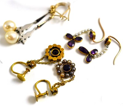 Lot 177 - Three pairs of drop earrings, early 20th century, two set with amethyst and seed pearls, one...