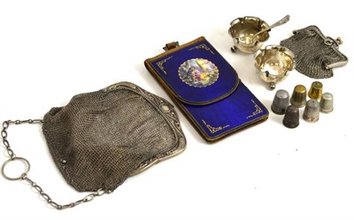 Lot 185 - A silver and enamel fronted leather spectacle case, two mesh purses, six thimbles, two salts...