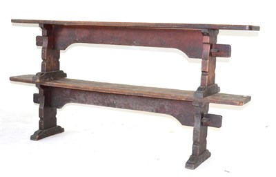 Lot 644 - A Pair of Robert  "Mouseman " Thompson Oak 6ft Benches, on two shaped supports, joined by a...