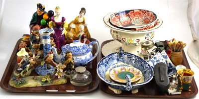 Lot 195 - Two trays including a silver card case, a pair of opera glasses, Royal Doulton figures...