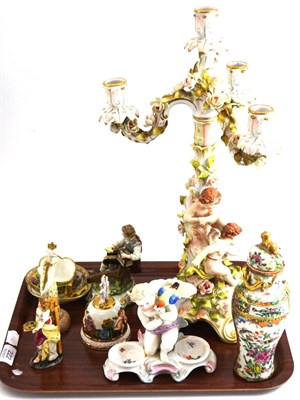 Lot 222 - A Helena Wolfsohn porcelain salt, three Continental figures, a Sitzendorf candelabrum and three...