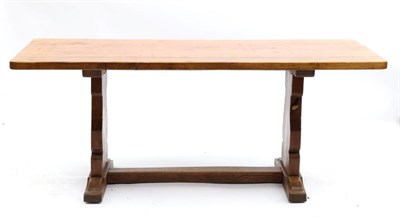 Lot 647 - A Robert  "Mouseman " Thompson Oak 6ft Dowelled Top Rectangular Refectory Table, on two shaped...