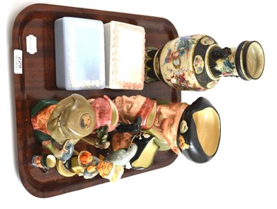 Lot 229 - Royal Doulton character jugs, Hummel figure, two china boxes and covers and a Japanese pottery vase