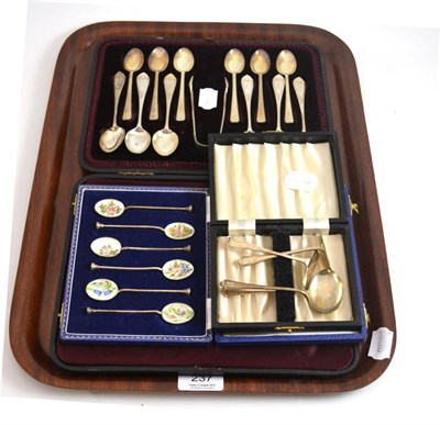 Lot 237 - Silver comprising of cased tea and coffee spoons, cased coffee spoons with floral enamel...