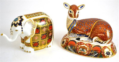 Lot 245 - Royal Crown Derby deer paperweight and an elephant paperweight, both with gold stoppers and boxed