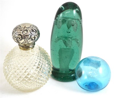 Lot 249 - A Stourbridge green glass flowerpot dump, 14cm, a blue glass target ball and a cut glass...