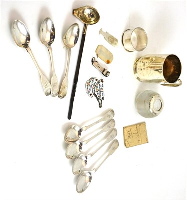 Lot 251 - A silver mug, a glass silver mounted striker, silver teaspoons, etc