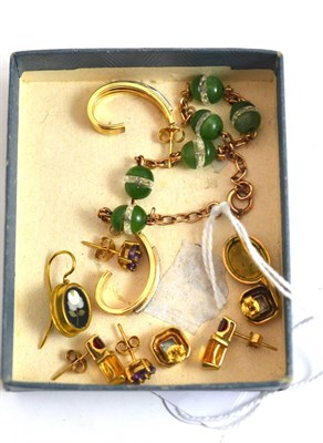 Lot 281 - A chalcedony set bracelet, a pair of pietra dura earrings and four pairs of stone set earrings