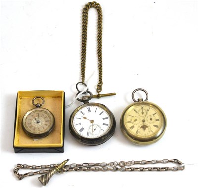 Lot 294 - A silver pocket watch with moon phase, two others and two watch chains