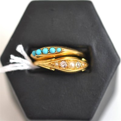 Lot 301 - An 18ct gold pearl and diamond five stone ring and an 18ct gold turquoise five stone ring (2)