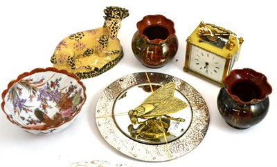 Lot 316 - A carriage timepiece, a fly vesta case, Prattware style deer etc