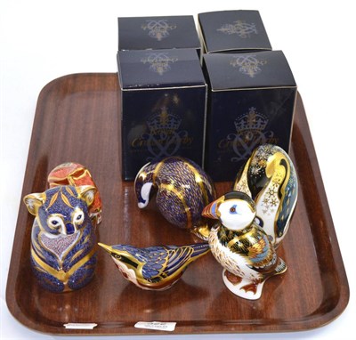 Lot 322 - Six Royal Crown Derby paperweights with gold stoppers (puffin has no stopper)