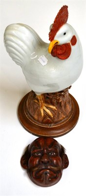 Lot 326 - A Japanese lacquer Noh mask and a Chinese porcelain cockerel (2)