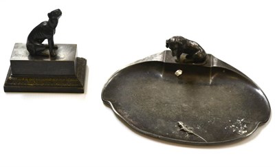 Lot 330 - WMF pewter dish of a dachshund and a gecko; bronzed inkwell with greyhound mount (2)