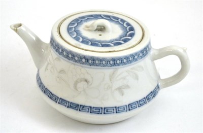 Lot 346 - A Japanese/Chinese porcelain teapot with diamond point engraving of flowers and an inscription,...