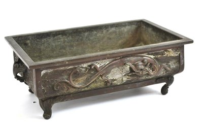 Lot 348 - A Japanese bronze censer, the rectangular low form decorated with dragons, signed to base