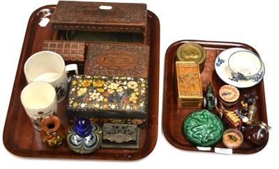 Lot 357 - An 18th century tea bowl and saucers, straw work box, Admiral Lord Nelson tin, lead figures, etc