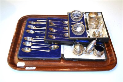 Lot 377 - Cased silver flatware, silver napkin rings, silver condiment, cased glass and silver salts, etc