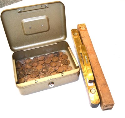 Lot 378 - Three brass faced spirit levels and a quantity of copper pennies