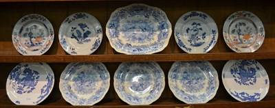 Lot 388 - Two blue dragon plates, pair of export plates, pair of enamelled plates and four Asiatic...