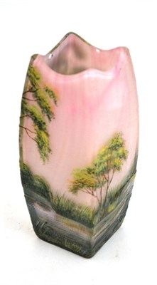 Lot 400 - An Art Deco Lamartine French glass vase, enamelled with a landscape, signed Lamartine (chips to...