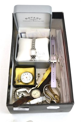 Lot 406 - A quantity of watches, a lady's fob watch with case stamped ";0.800"; and a lady's Rotary...