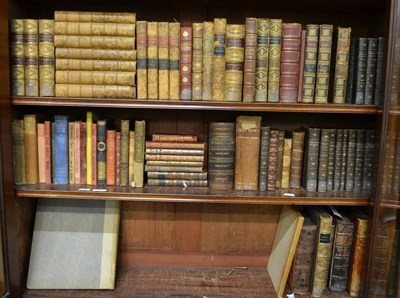 Lot 417 - Assorted leather bound books, decorative bindings etc including set of Ruskin in half morocco,...