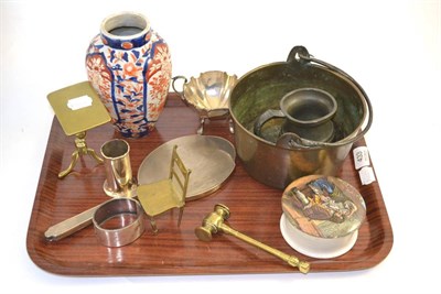 Lot 433 - A tray of collectors items including pot lid, brass pan, silver mounted hand mirror, ceramic...