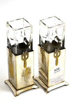 Lot 439 - A pair of Argentor Art Nouveau vases, with clear glass liners, stamped ARGENTOR 4 AS, 21.5cm