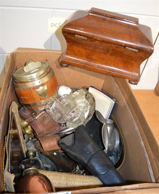 Lot 1009 - A box of ornamental items including rosewood tea caddy, biscuit barrel etc