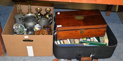 Lot 1027 - A quantity of pewter, cloisonne vases, a cut glass ships decanter, a mahogany writing slope, books