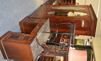 Lot 1056 - An inlaid mahogany wardrobe, marble topped dressing table and a matching cupboard together with...