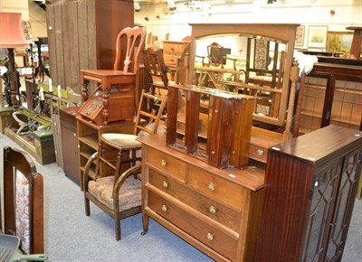 Lot 1058 - Bookcase, dressing table, two wall shelves, three chairs, mahogany cupboard etc