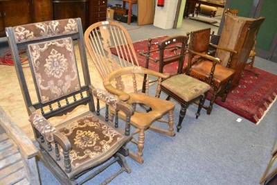 Lot 1073 - Yorkshire commode rocking chair, a Welsh mahogany table, towel rail and another rocking chair (4)