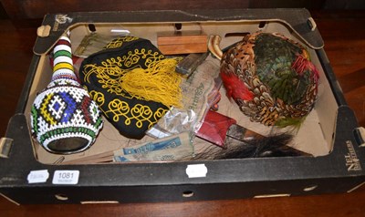 Lot 1081 - Assorted items including a smokers cap, beadwork mounted dagger scabbard and bead mounted...