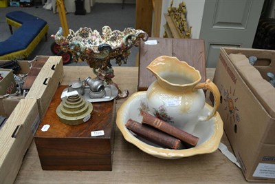 Lot 1103 - Assorted lap desk, stationary cabinet, Tudric pewter condiments, comport, books etc