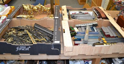 Lot 1104 - Quantity of horse brasses in two boxes, quantity of railwayana in two boxes and an oil lamp