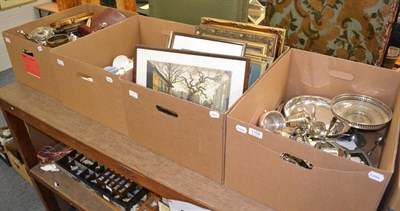 Lot 1109 - Four boxes of decorative household ceramics, silver plate and assorted prints