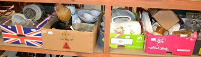 Lot 1112 - Five boxes of decorative ceramics and glass including two oil lamps, commemorative wares,...