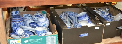 Lot 1113 - Three boxes of assorted decorative blue and white transfer printed ware including Ringtons,...