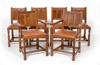 Lot 682 - A Set of Six (4+2) Colin  "Beaverman " Almack Oak Panel Back Dining Chairs, on turned octagonal...