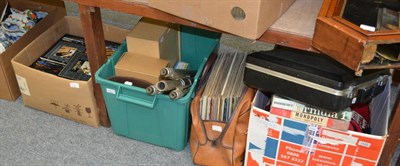 Lot 1122 - Assorted cameras and photographic equipment, Ross binoculars, LP's, singles and CD's, boxed...