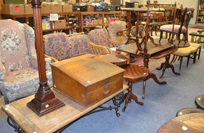 Lot 1132 - Mahogany tripod table, four occasional tables, towel rail, jardiniere stand and an oak desk