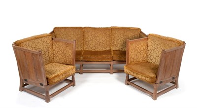 Lot 684 - A Derek  "Fishman " Slater Panelled Oak Three Piece Suite, comprising a sofa, with drop-ends,...