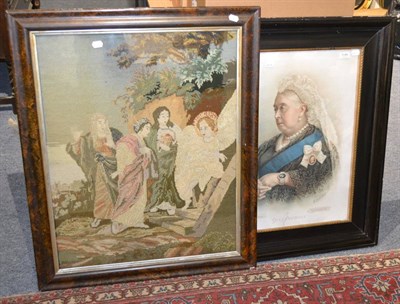 Lot 1144 - A large polychrome print of Queen Victoria and a 19th century religious woolwork picture